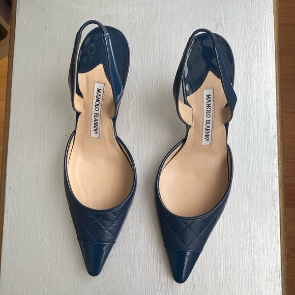 Manolo Blahnik Shoes - NWOT Manolo Blahnik Carolyn Navy Blue Leather Slingback Kitten Heel Size 6.5